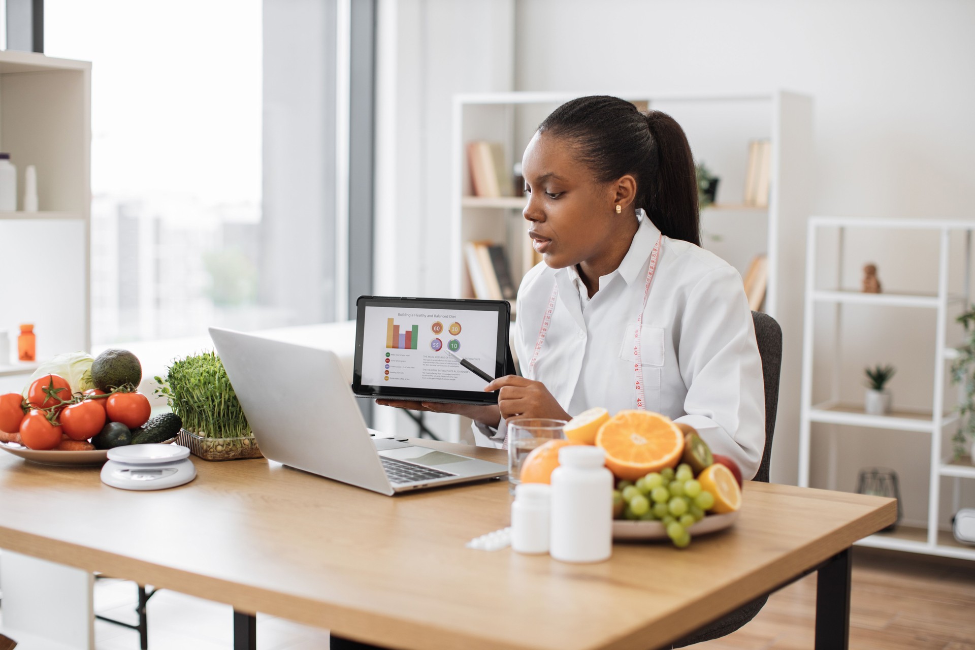 Lady getting presentation with graphs via video call app